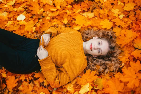 Όμορφη Κοπέλα Βρίσκεται Στο Φθινόπωρο Φύλλα Στο Πάρκο Πανέμορφα Μαλλιά — Φωτογραφία Αρχείου