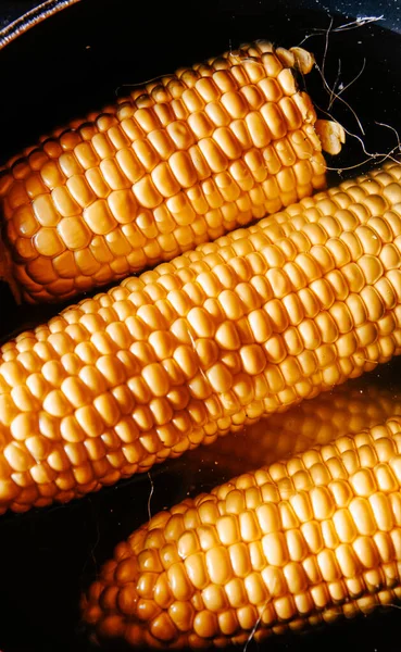 Orange juicy corn is boiled in water with salt. Corn in boiling water in a saucepan