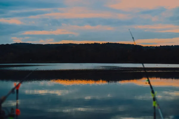 Sunrise Sunset Fishing Fishing Rods Background Lake Sports Fishing Selective — Stock Photo, Image