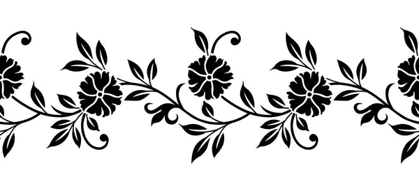 シームレスな黒と白の装飾花の境界線 — ストックベクタ