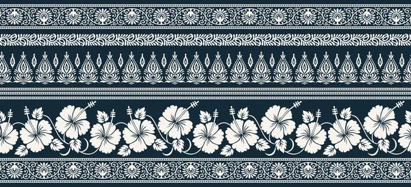 Frontera Flores Hibisco Con Elementos Diseño Asiáticos Tradicionales — Vector de stock