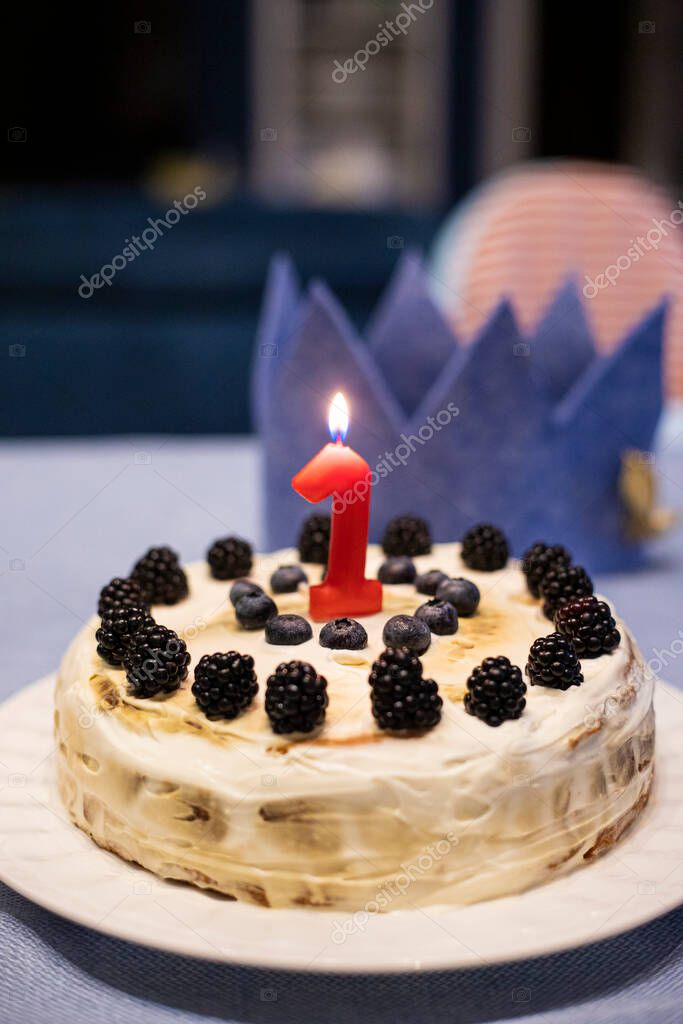 Simple homemade birthday cake for one year old baby party, with berries