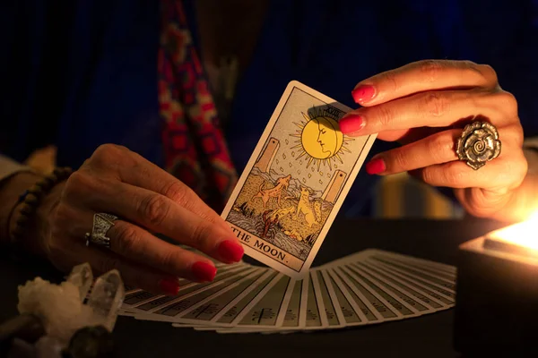 Fortune Teller Hands Showing Moon Tarot Card Symbol Intuition Reading — Fotografia de Stock