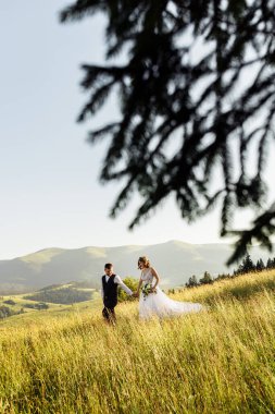 Genç aşık çift dağlarda yürüyor.