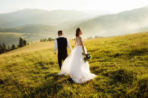 美しい若い結婚式のカップルが山の中でポーズをとって — ストック写真