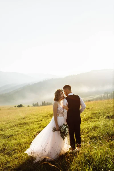 Schönes Junges Verliebtes Hochzeitspaar Posiert Den Bergen — Stockfoto