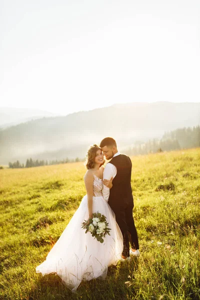 Schönes Junges Verliebtes Hochzeitspaar Posiert Den Bergen — Stockfoto