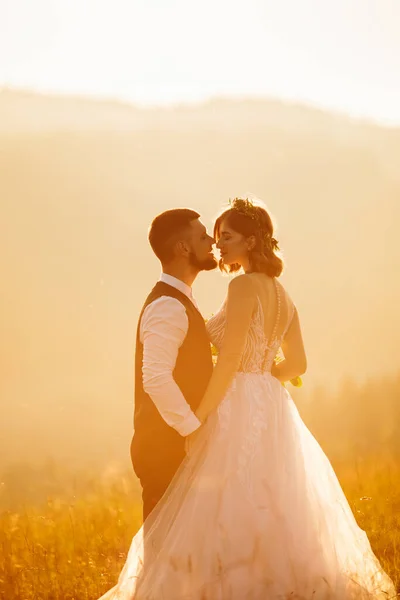 Schönes Verliebtes Hochzeitspaar Posiert Bei Sonnenuntergang — Stockfoto