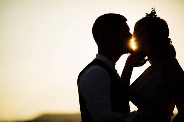 美しい結婚式のカップルは日没時にポーズをとって — ストック写真