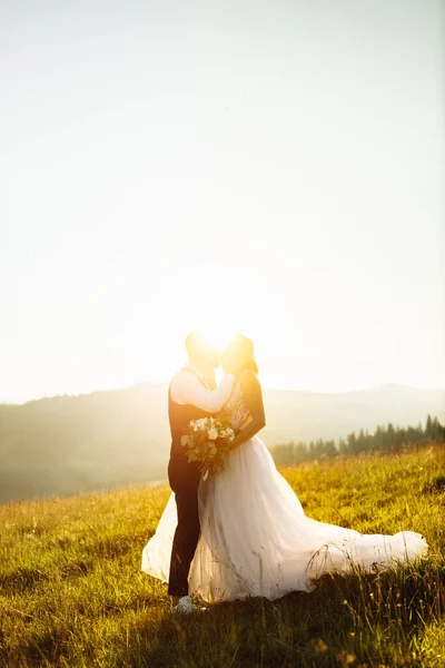Pasangan Muda Yang Cantik Dalam Cinta Berpose Latar Belakang Pegunungan — Stok Foto