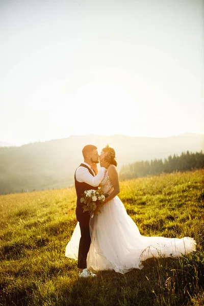Mooi Jong Bruiloft Paar Liefde Poseren Achtergrond Van Bergen — Stockfoto