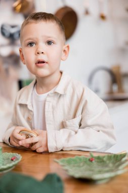 close up portrait of cute baby boy in a kitchen