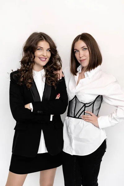 Beautiful Business Women Stylish Suits Posing Studio White Background — Stock Photo, Image