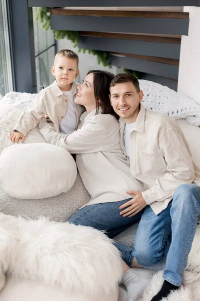 Portrait Happy Young Family Little Son Home — стоковое фото