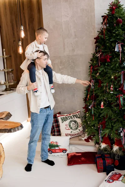 Portrait Father Son Christmas Interior — Photo