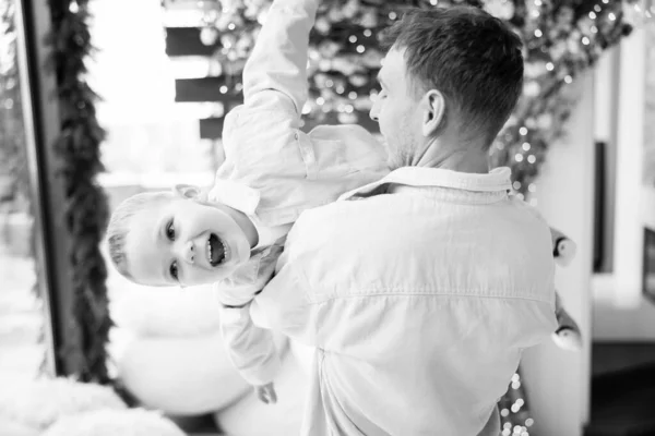 Black White Photo Little Baby Boy His Father Having Fun — Photo