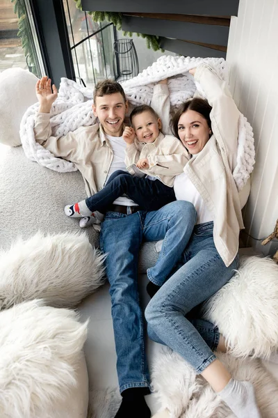 Happy Family Little Son Cozy Home — Zdjęcie stockowe