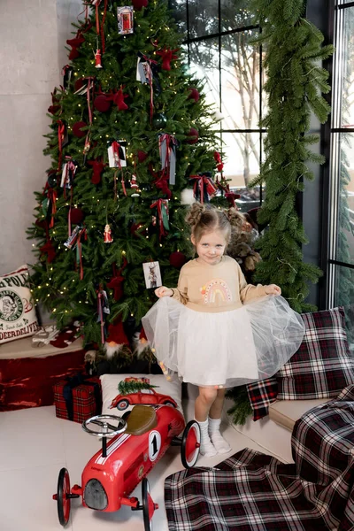 Cute Baby Girl Background Christmas Tree Decorated Room — Photo