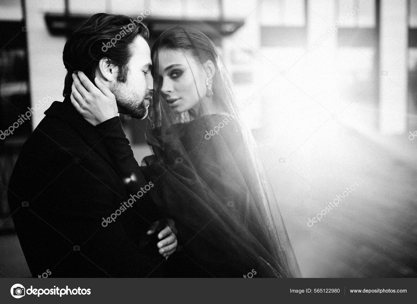 Black White Portrait Fashion Marriage Couple Stylish Wedding