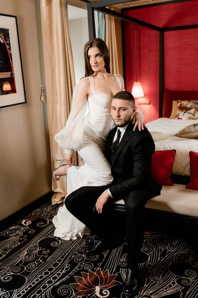 Beautiful Bride Groom Hotel Room Interior Stock Photo