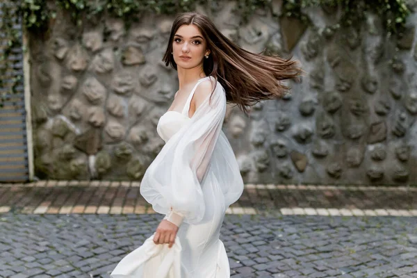 Beautiful Young Woman White Dress Posing Wall — Stock Photo, Image