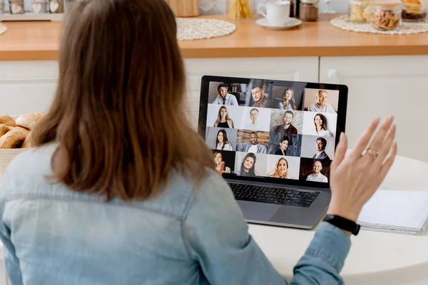 Side View Woman Using Laptop Video Chat Screen Kitchen Stock Photo