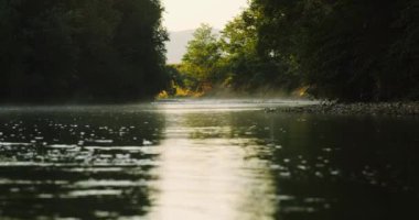Dağ nehrinde sis var. Altın güneş ışığı su yüzeyinde yükselen turuncu sis orman arka planında ve güzel barışçıl yansımalar