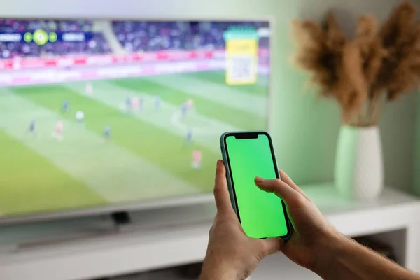 Televizyonun önünde telefonu tutan adam.