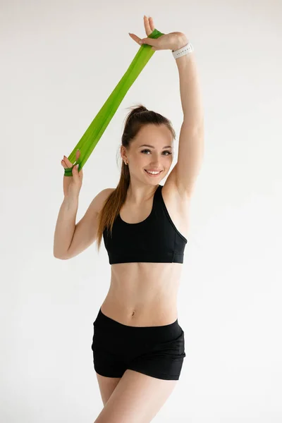 Beautiful Sports Girl Holding Resistance Band Her Hands — Stock Photo, Image