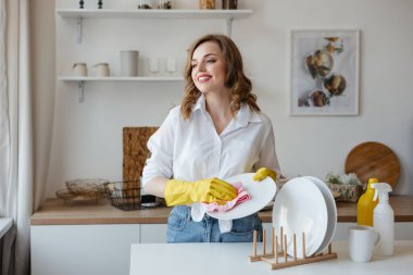 beautiful girl wipes dishes in the kitchen. High quality photo