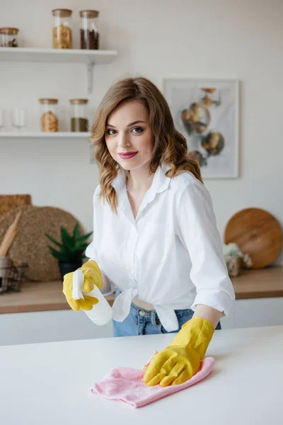 Housewife Yellow Gloves Wipes Kitchen Table High Quality Photo — Stockfoto