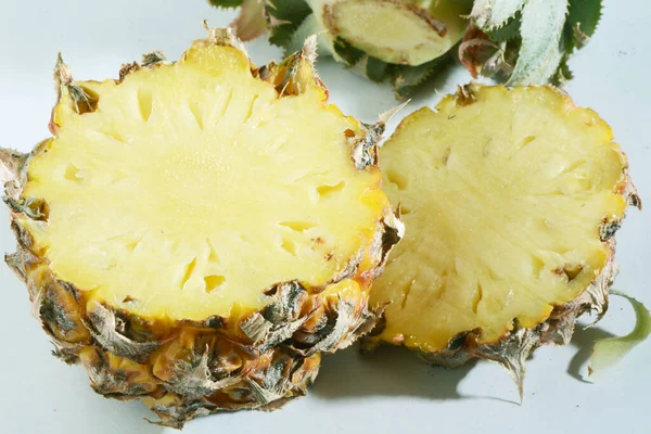 Ripe Whole Pineapple Slices Top White Background — Fotografia de Stock