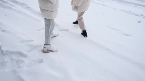 Férfi és nő lábnyomokat hagy a hóban. — Stock videók