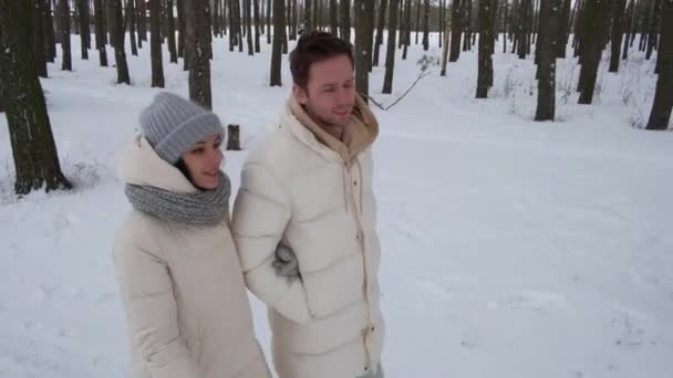 Una bella ragazza e un ragazzo stanno camminando nella foresta invernale — Video Stock