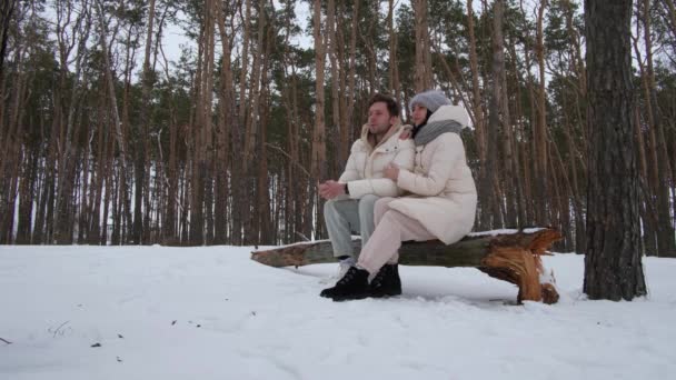 Mann und Frau sitzen auf einem Baumstamm und entspannen — Stockvideo