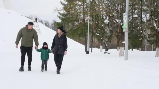 Неторопливая семейная прогулка в зимнем парке — стоковое видео