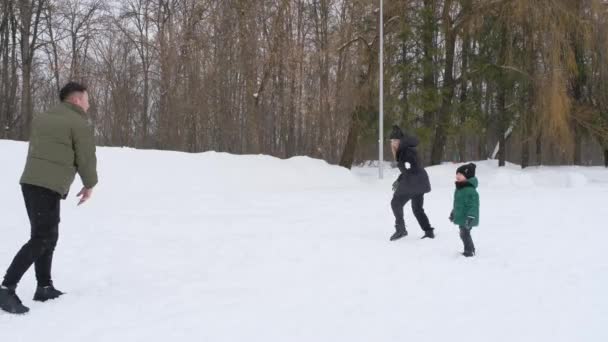 Familie spelen sneeuwballen in winterpark — Stockvideo