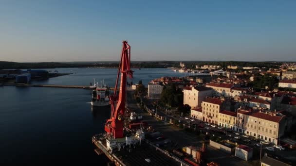 Grande grue portuaire orange au coucher du soleil — Video