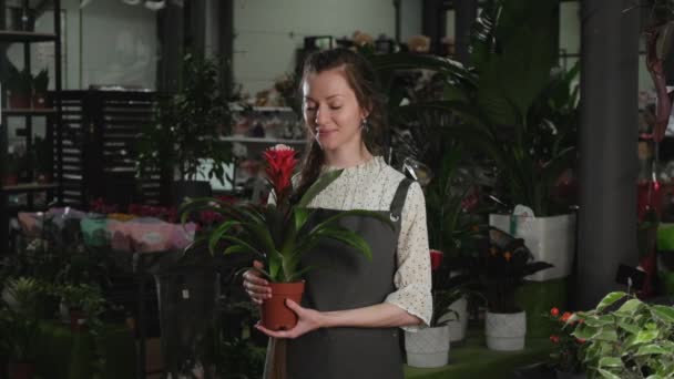 Blumenmädchen mit einer Blume in der Hand blickt in die Kamera — Stockvideo