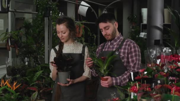 Dos floristas sosteniendo flores y mirando a la cámara — Vídeo de stock