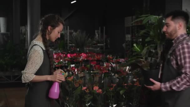 Жінка з довгою косою піклується про квіти — стокове відео