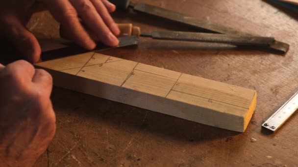 Master σχεδιάζει ένα ξύλινο μπλοκ — Αρχείο Βίντεο