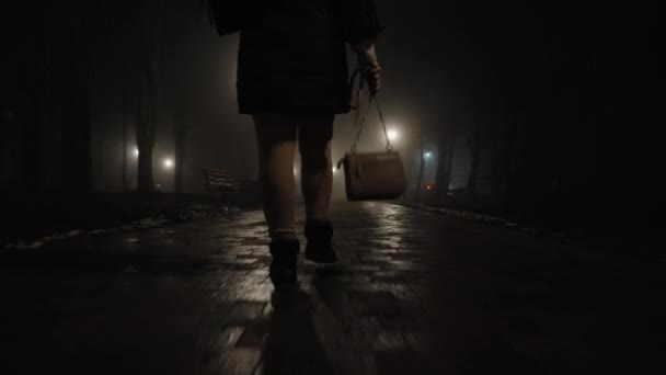 Mujer caminando en el parque de la ciudad por la noche — Vídeos de Stock