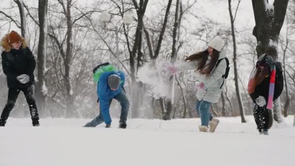 En grupp tonårsvänner som leker tillsammans och kastar snö på varandra i parken. — Stockvideo