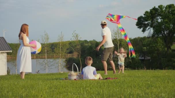 Szczęśliwa rodzina razem i zabawy w przyrodzie bawiąc się z dziećmi z latawcem — Wideo stockowe