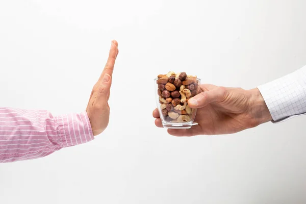 Mano Humana Niegan Comer Varios Frutos Secos —  Fotos de Stock