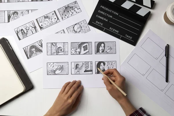Characters Storyboard Drawings Movie Clapperboard Artist Desktop — Stock Fotó