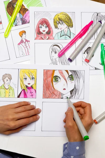 Bir Sanatçı Bir Anime Çizgi Romanının Çizim Tahtasını Çizer Manga — Stok fotoğraf