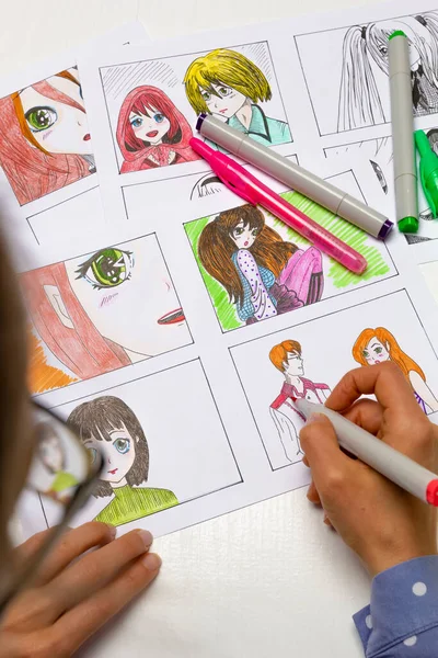 Artist Draws Storyboard Anime Comics Book Manga Style — Stock Photo, Image