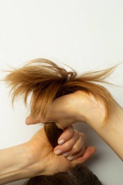 Hasarlı saçların kuru uçları. Saç bakımı.